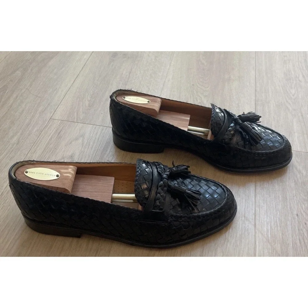 Magnanni Men's Size 8.5 Wide Black Woven Leather Tassel Loafers Shoes *See Pics*
